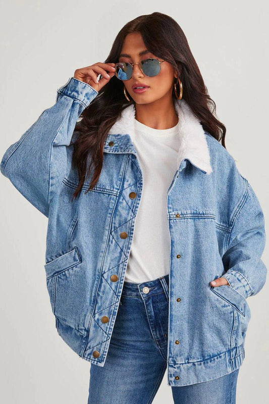 Ladies Fall Winter Jacket Denim Cotton Loose Fur Collar Large Collared Double Pocket Polo Line Coat    