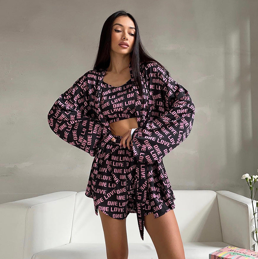 Ladies' Summer Printed Sling Pajamas Set with Long Sleeve Top    