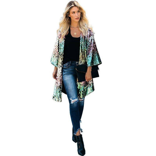 Sequined Print Polyester Trench Coat with Three-Quarter Sleeves for Women    