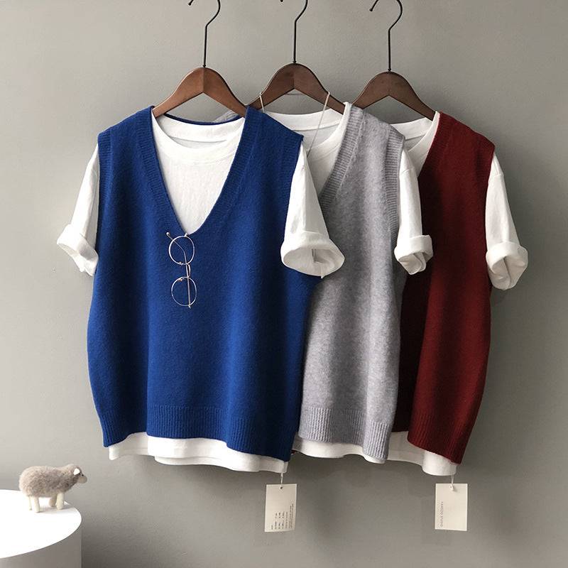 Knitted Vest Women Spring Preppy V neck Loose Idle Sleeveless Waistcoat    