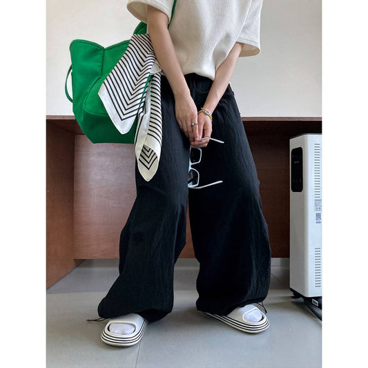 Lazy Casual Pants Drawstring Elastic High Waist Loose Profile Slimming Work Clothes Wide Leg Pants for Women    