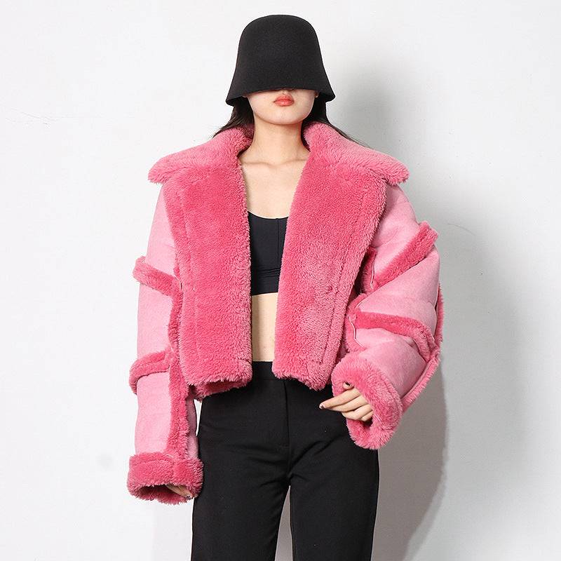 Leather Fur Thickened Coat for Women Winter Polo Collar Solid Color Stitching Lamb Wool Short Jacket for Women    