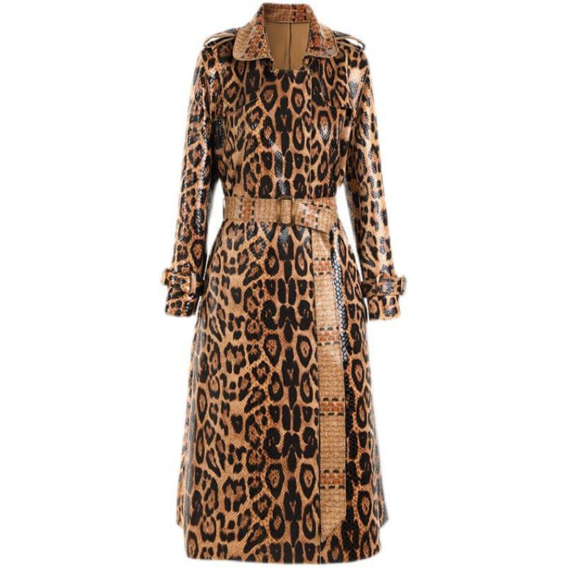 Goddess-Inspired Snakeskin Leopard Print Long Trench Coat    