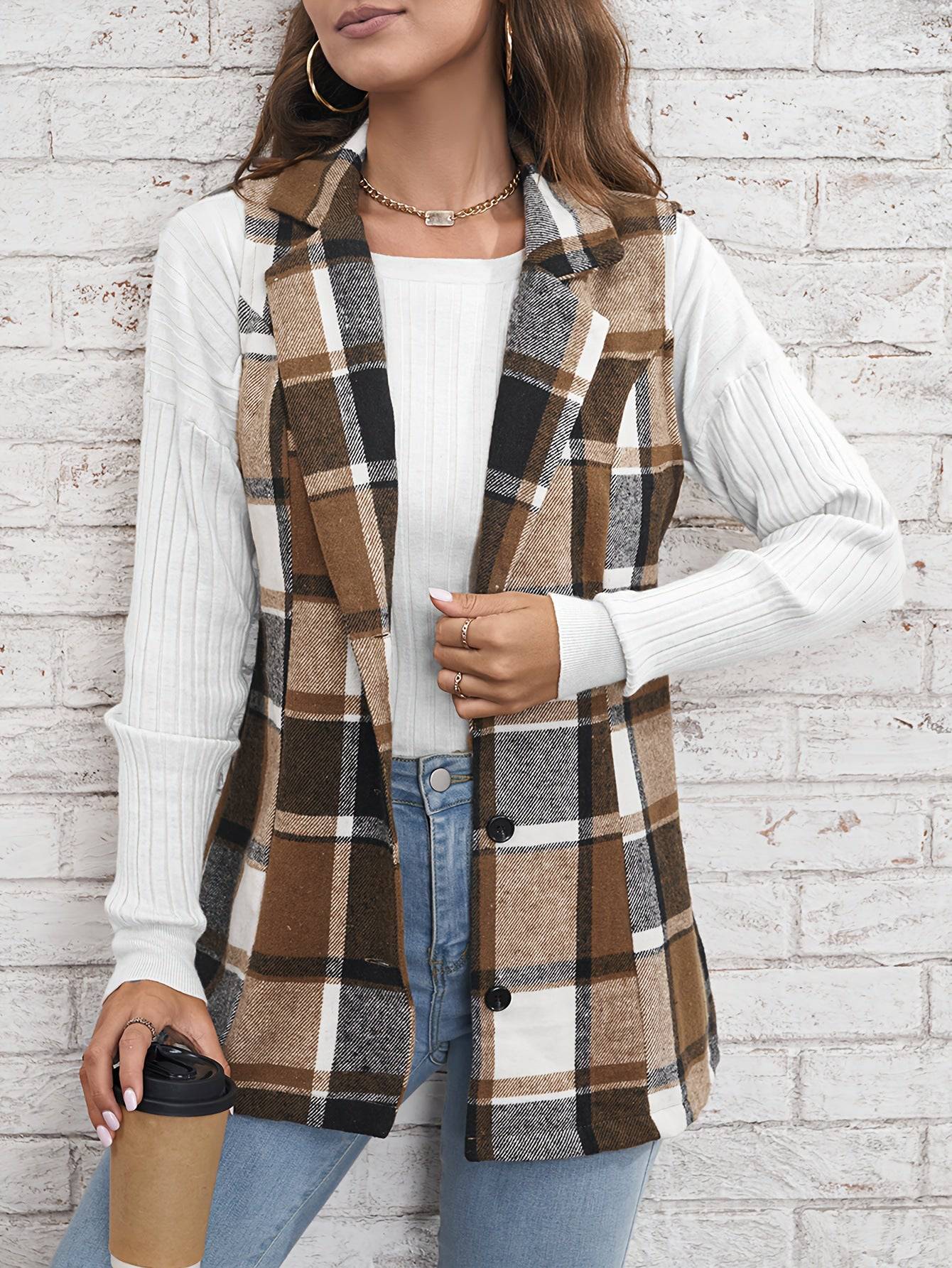 Women's Plaid Coat with Polo Collar and Single Breasted Design    