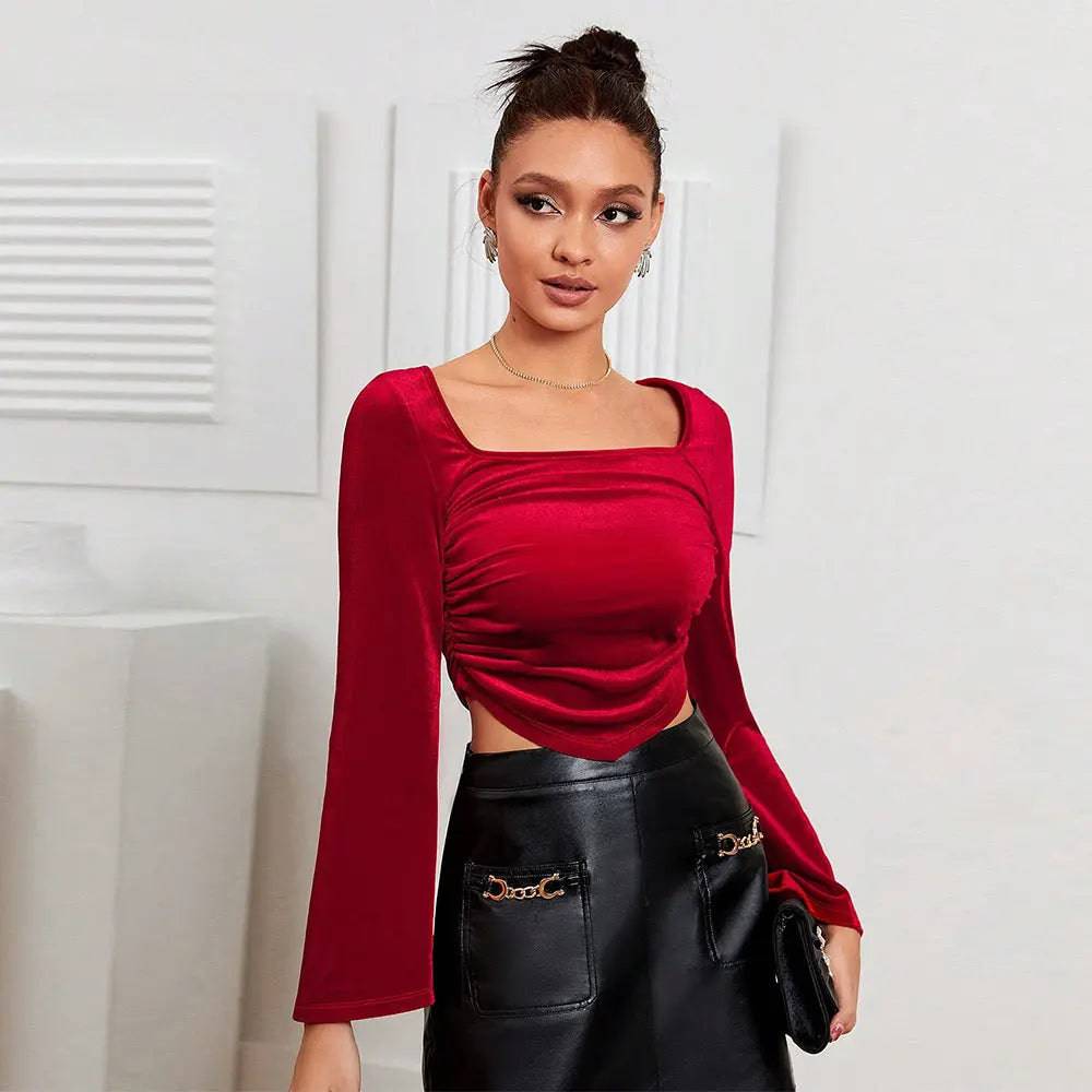 French Vintage Red Velvet Square Neck Crop Top    