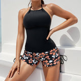 Floral Print Halter Backless Split Swimsuit    