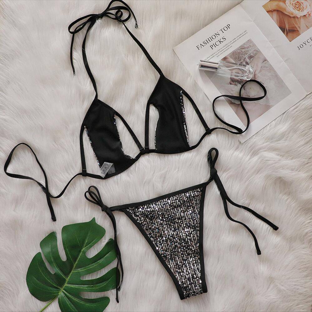 Shiny Sequined Lace-up Bikini Sexy Split Swimsuit    