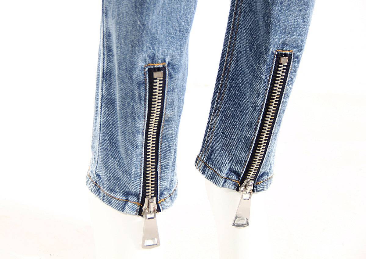 Spring High Waist Slim Fit Denim Pants with Zipper Detail    