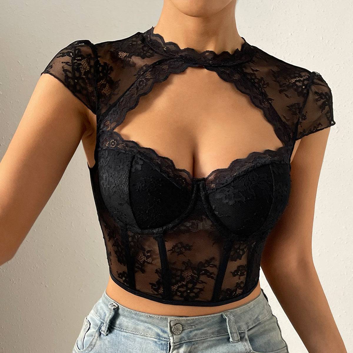 Sexy Lace Diamond Slim Fit Crop Top with Cutout Details    