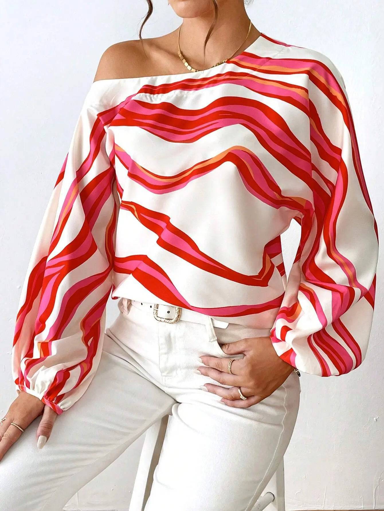 Elegant Printed Off-Shoulder Women's Shirt for Spring and Summer    