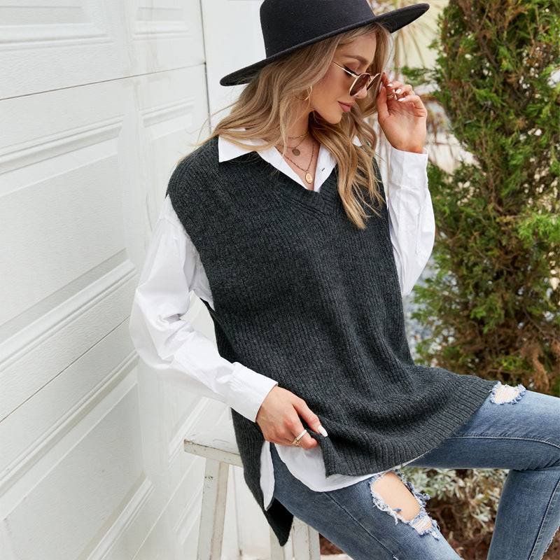 Knitted V-Neck Sleeveless Vest for Fall and Winter Casual Wear    