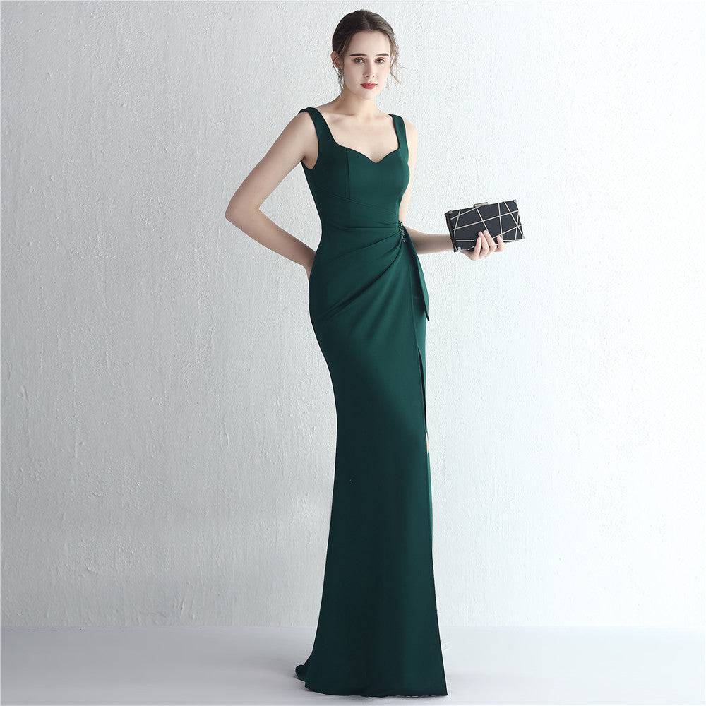 Sleek Satin Beaded Fishtail Dress for Formal Events and Special Occasions    