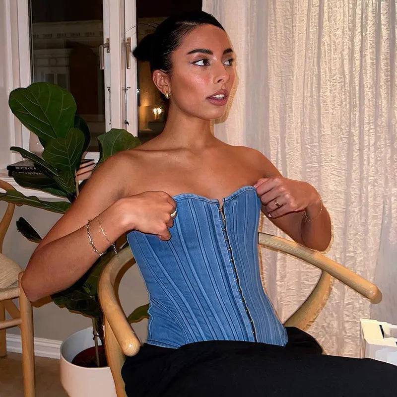 Seductive Slim-Fit Denim Corset Tube Top with Off-Shoulder and Lace Details    