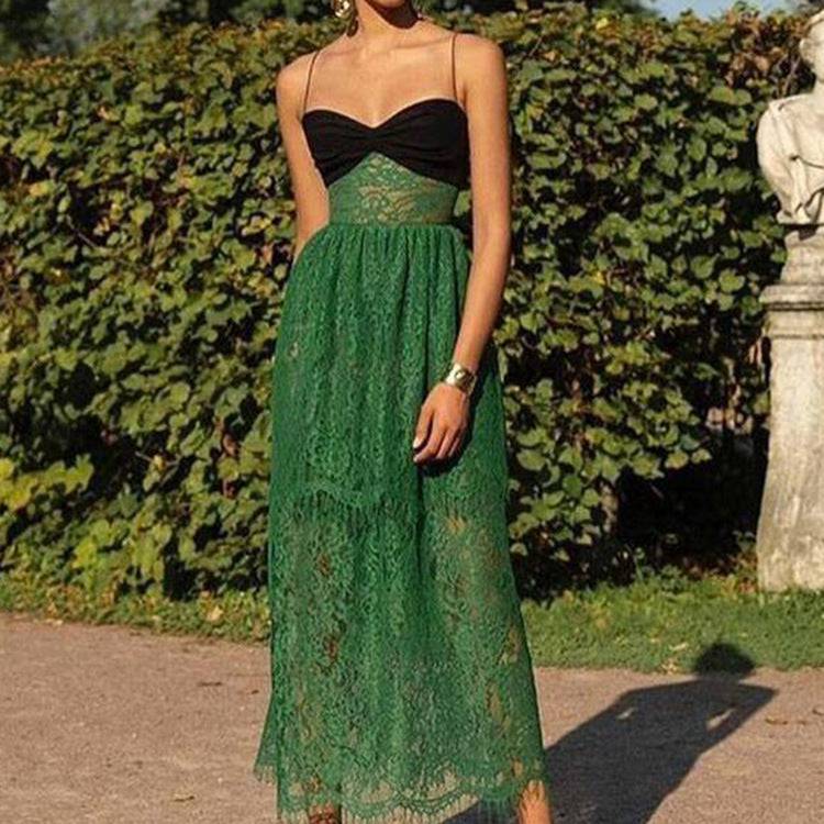 Green Lace Maxi Dress with Suspenders    