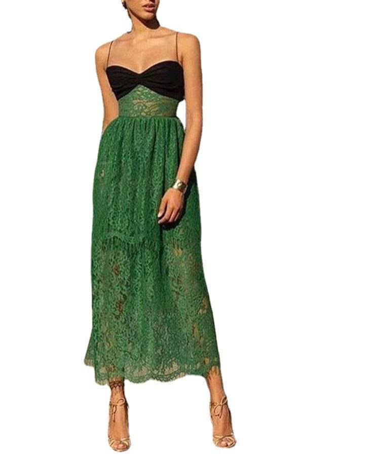 Green Lace Maxi Dress with Suspenders    