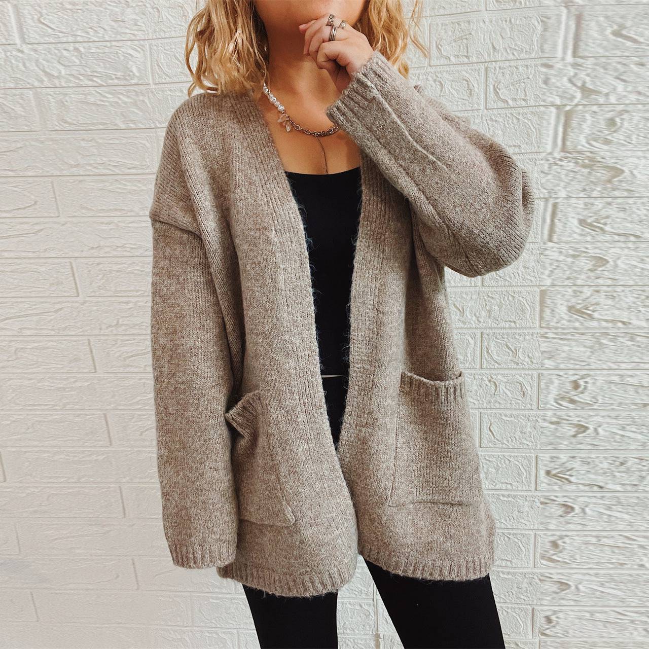 V-Neck Knitted Sweater Coat with Large Pockets for Women's Autumn/Winter Casual Wear    