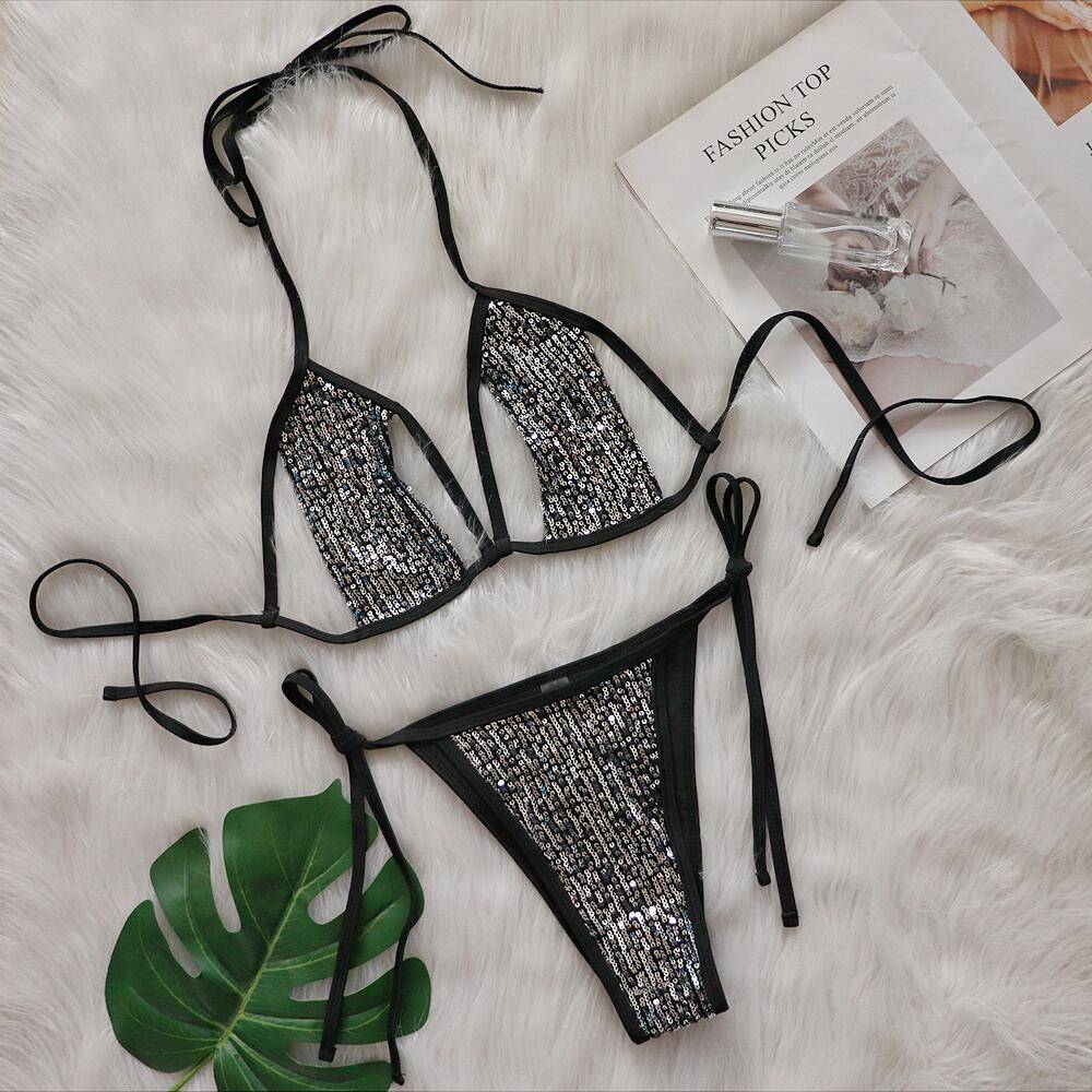 Shiny Sequined Lace-up Bikini Sexy Split Swimsuit    