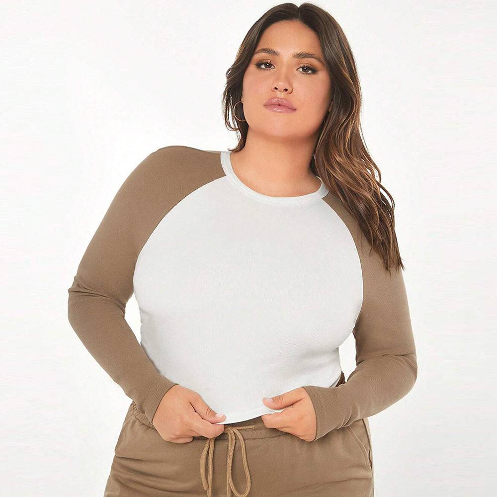 Stylish Slim Fit Patchwork Long Sleeve T-Shirt for Plus Size Women    