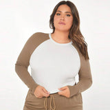 Stylish Slim Fit Patchwork Long Sleeve T-Shirt for Plus Size Women    