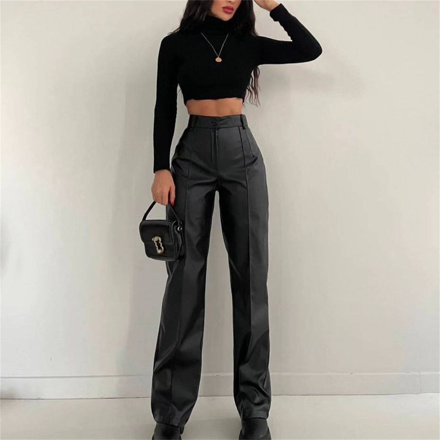 Stylish Women's High Rise Faux Leather Straight Leg Pants    