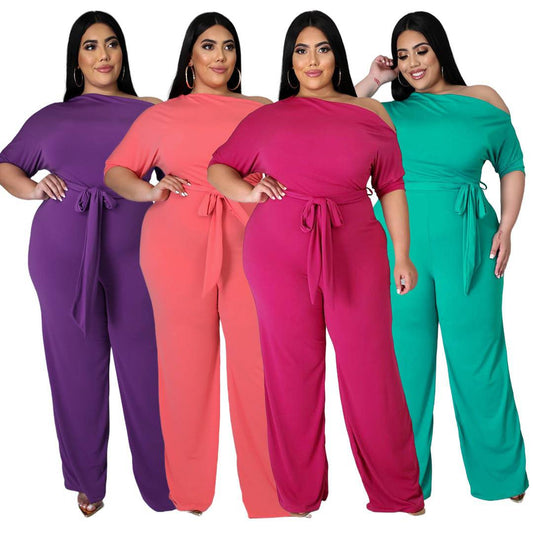 Trendy Plus Size Lace-Up Horn Jumpsuit for Women with Oblique Shoulder Design    