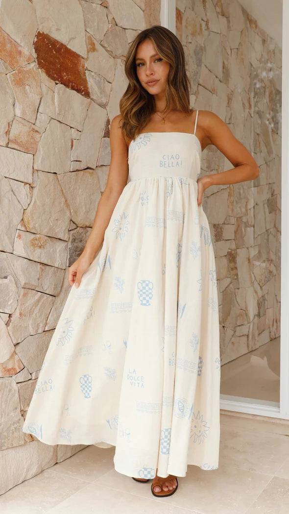 Elegant Summer Printed Maxi Dress with Square Neck Cutout Detail    