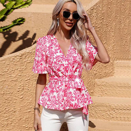 Charming Floral Print V-Neck Ruffled Blouse with Belt    