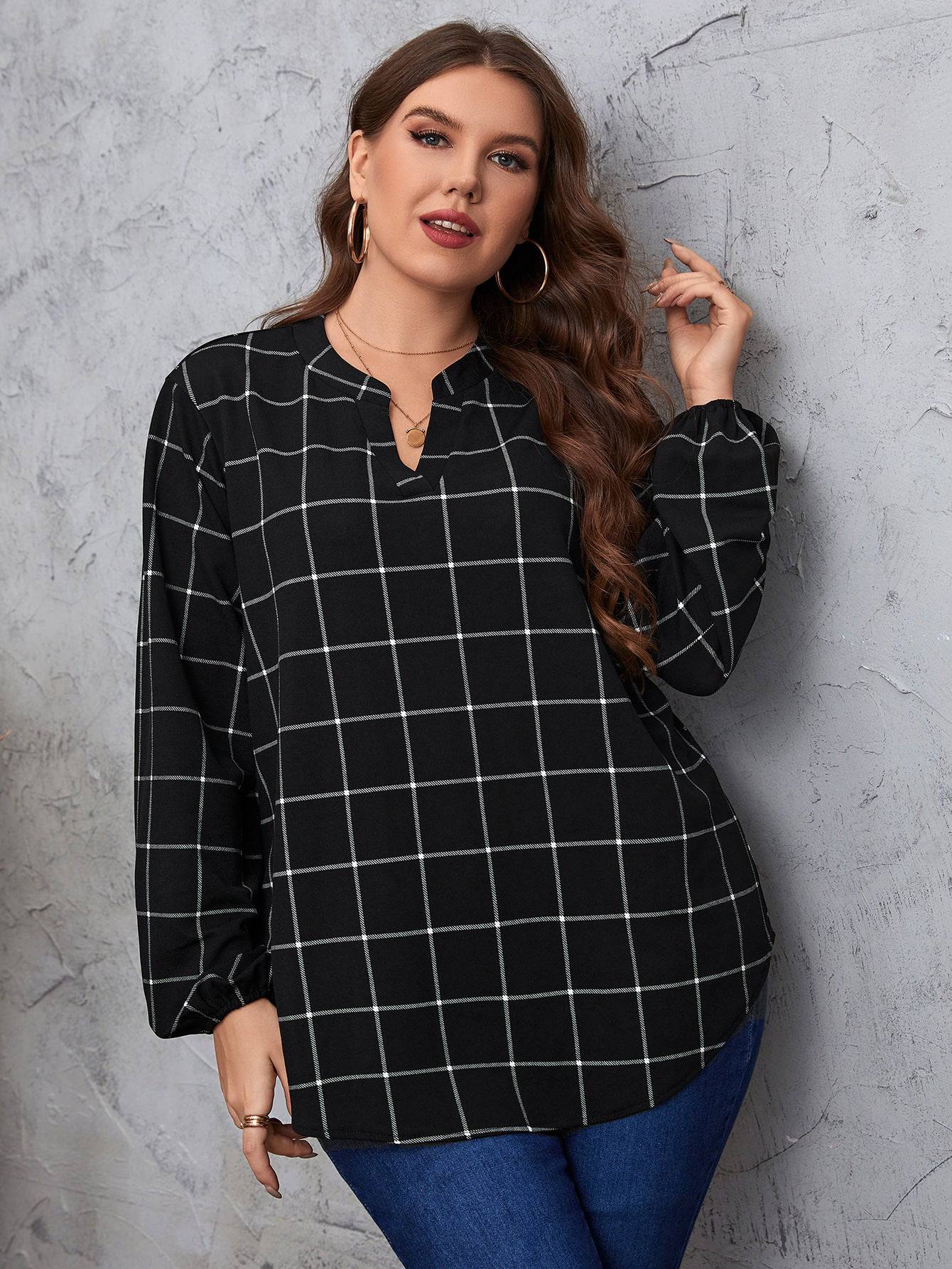 Retro Plaid Plus Size Ladies Shirt with Long Sleeves    