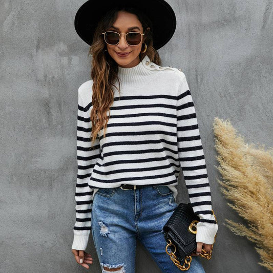 Striped Sweater with Stand Collar and Button Detail    