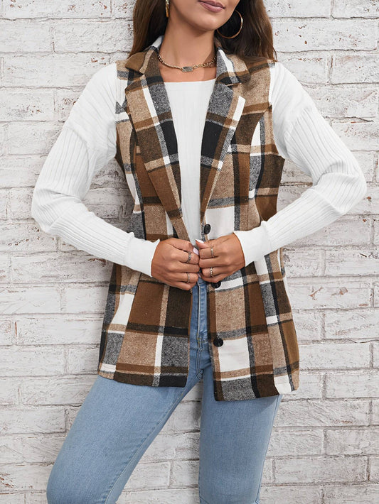 Women's Plaid Coat with Polo Collar and Single Breasted Design    