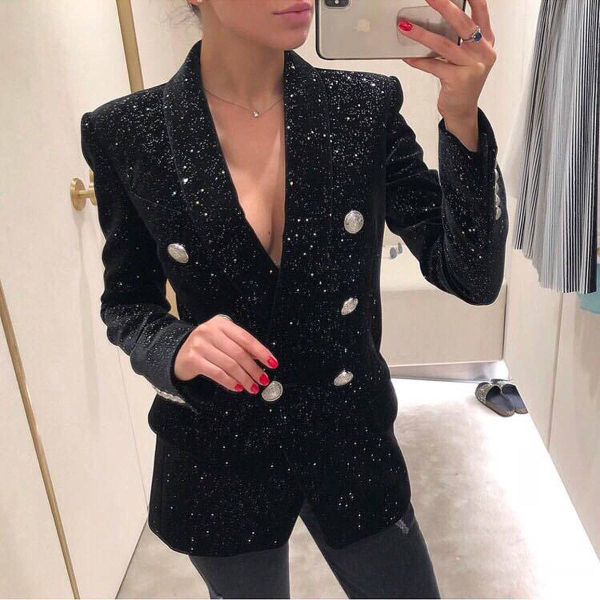 Starry Sequin Velvet Blazer with Silver Buckle    