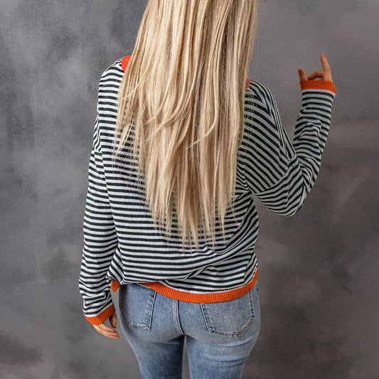 Stylish Off-Shoulder Sweater with Contrast Color Trim and Striped Pattern    