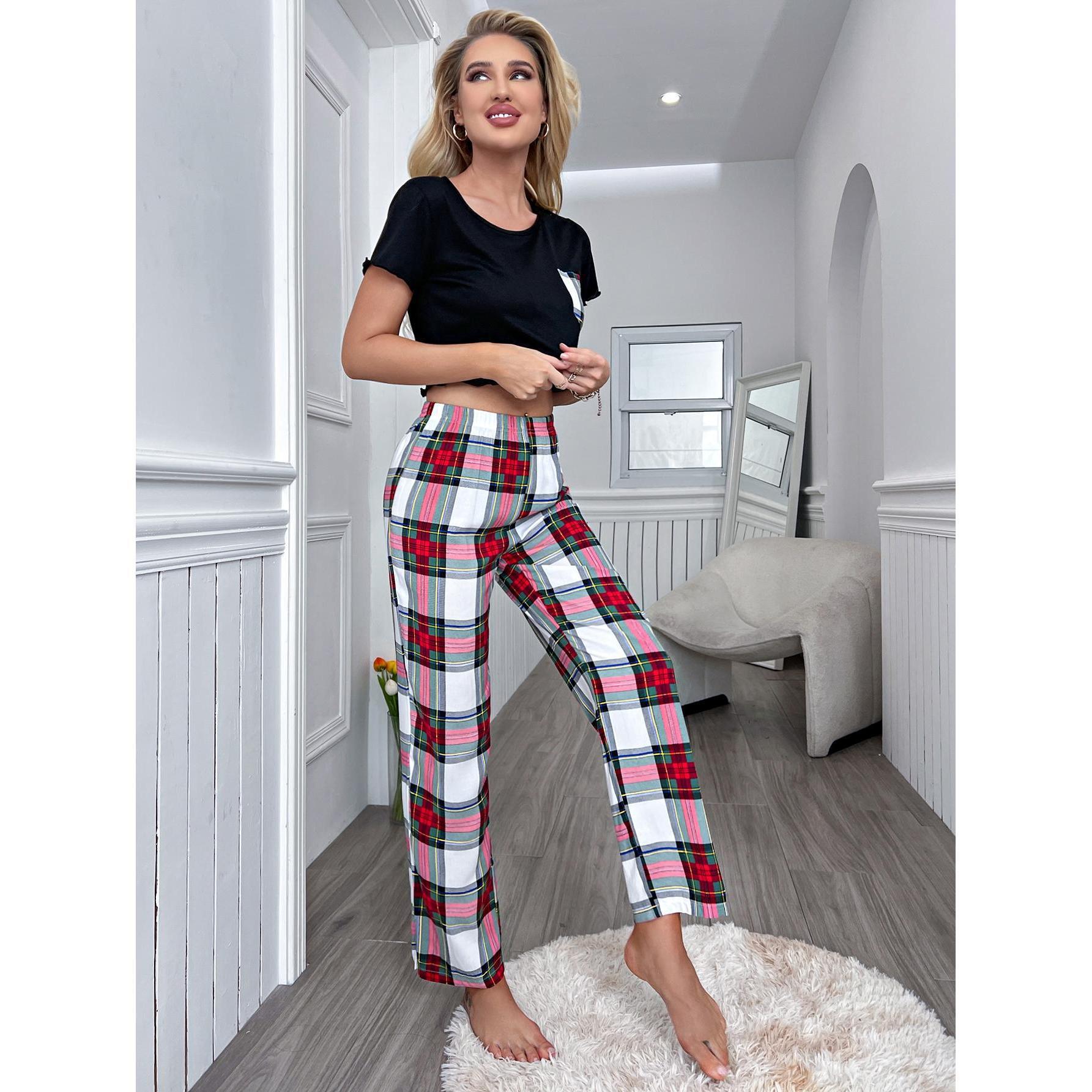 Plaid Home Wear Set with Short Sleeve Top and Full-Length Trousers for Women    