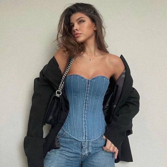 Seductive Slim-Fit Denim Corset Tube Top with Off-Shoulder and Lace Details    