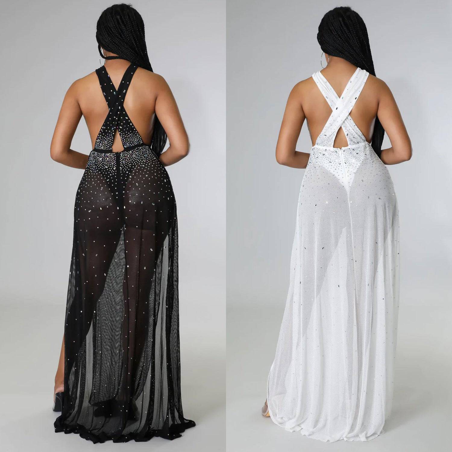 Seductive Rhinestone Embellished Mesh Maxi Dress for Autumn/Winter    