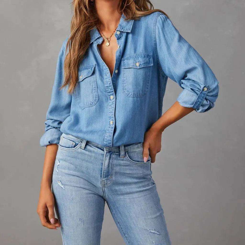 Elevated Autumn Style: Women's Collared Denim Shirt with Single-Breasted Button Closure    