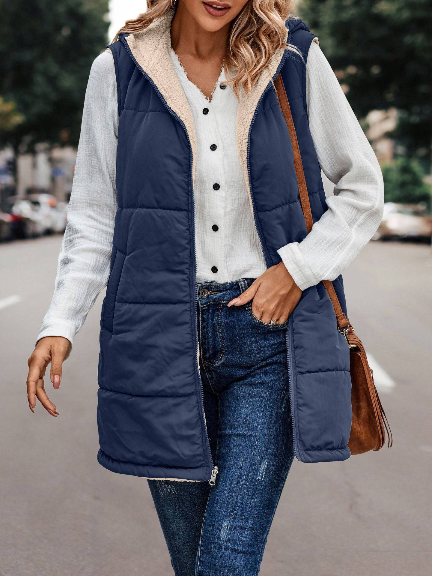 Simple Stitching Plush Double Sided Women's Hooded Vest with Zipper    