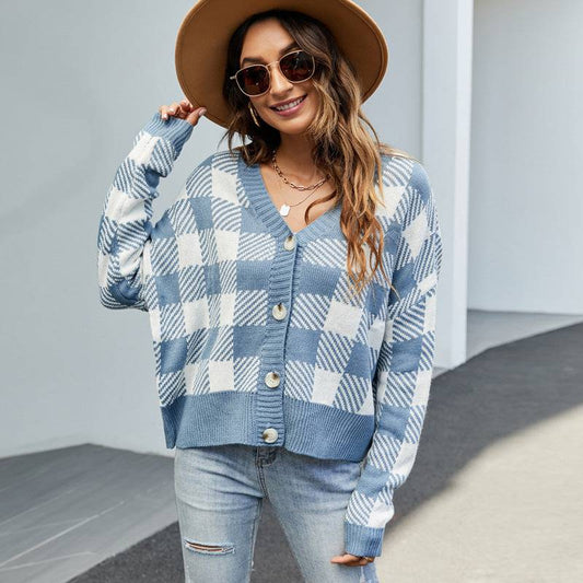 V-Neck Plaid Knitted Cardigan for Women: Loose Autumn/Winter Sweater Coat    