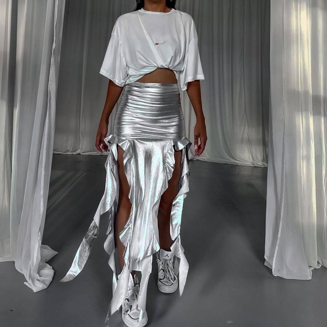 Reflective Metallic Fishtail Skirt with Tassel Accents    