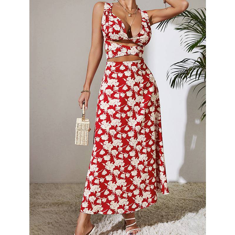 Red Floral Maxi Dress with Backless Design for a Stylish Vacation    