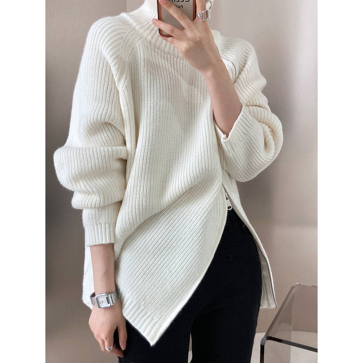 Lazy Casual Double Headed Zipper Turtleneck Sweater for Women    