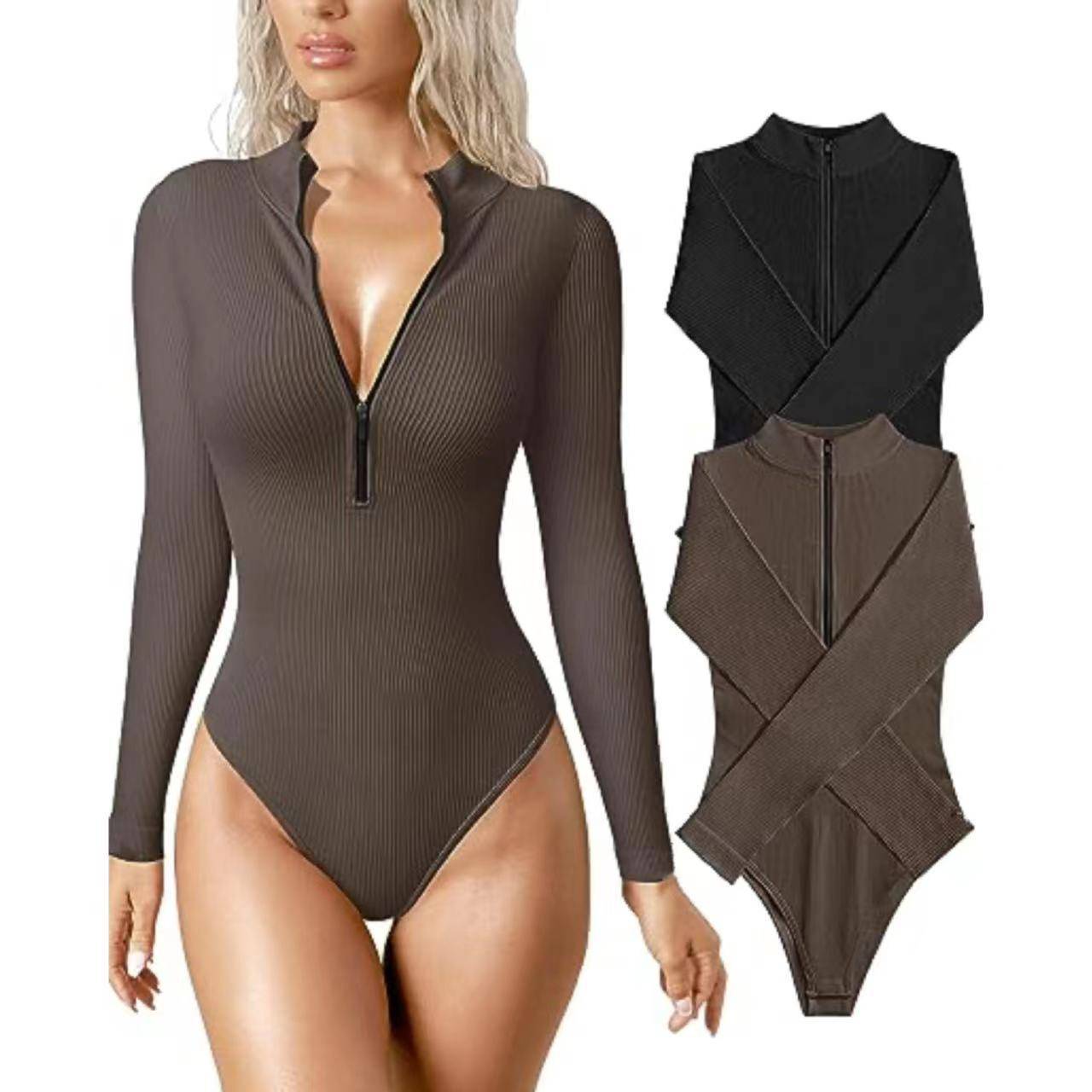 Long Sleeved Jumpsuit Sexy Ribbed One Piece Front Long Sleeve Zipper Top Jumpsuit    