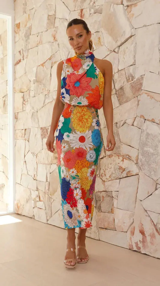 Floral Print Sleeveless Maxi Dress for Vacation and Boho Style    