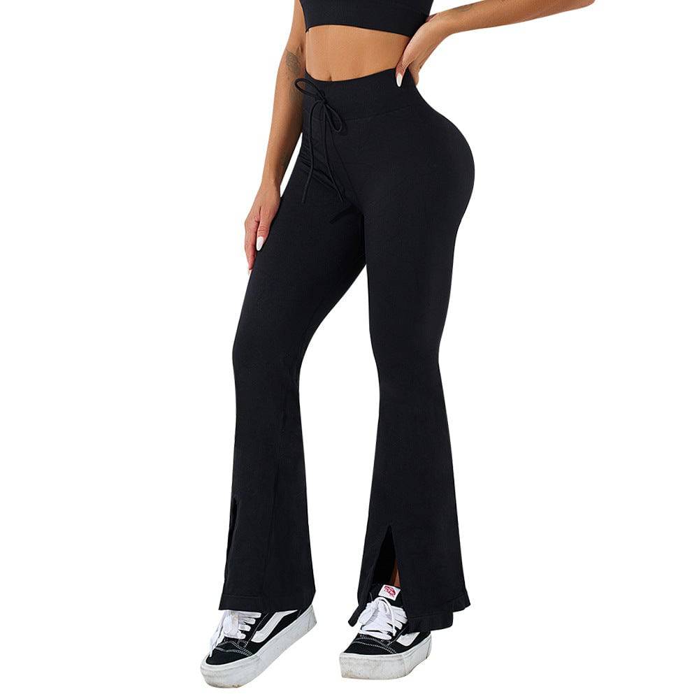 Sexy High Waist Drawstring Sports Yoga Pants with Slit Bell Bottom    