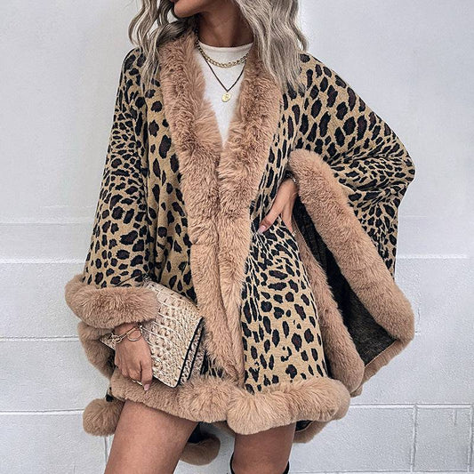 Leopard Print Fur Collar Cape Cardigan: Elegant and Luxurious Winter Sweater    