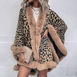 Leopard Print Fur Collar Cape Cardigan: Elegant and Luxurious Winter Sweater    