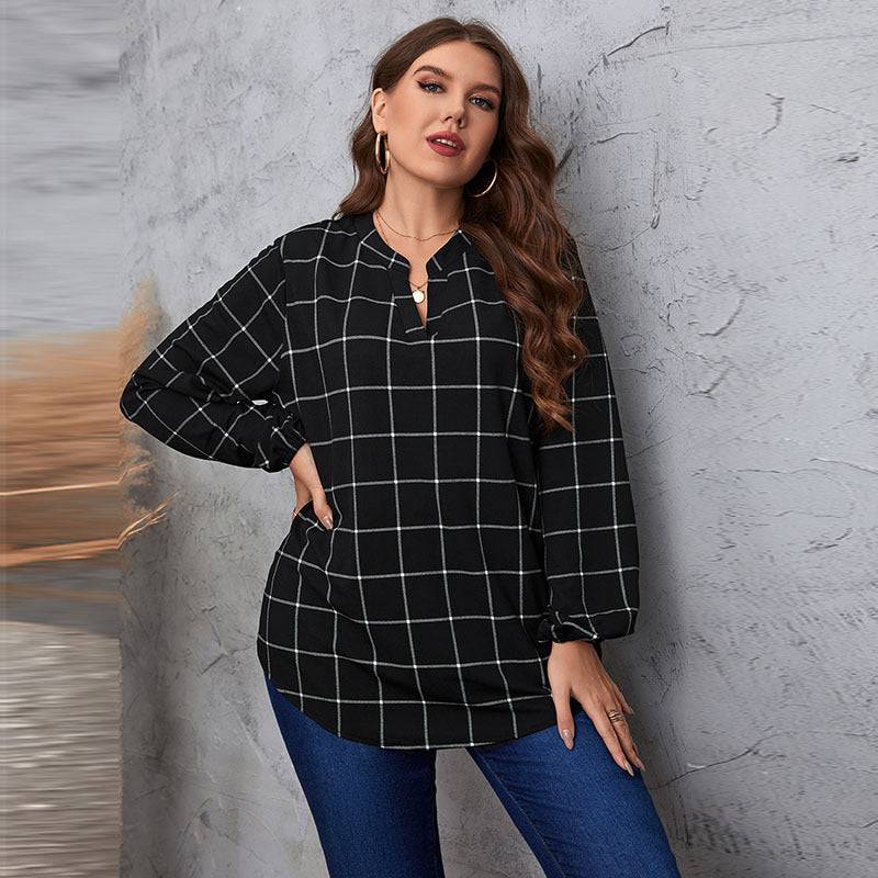 Retro Plaid Plus Size Ladies Shirt with Long Sleeves    