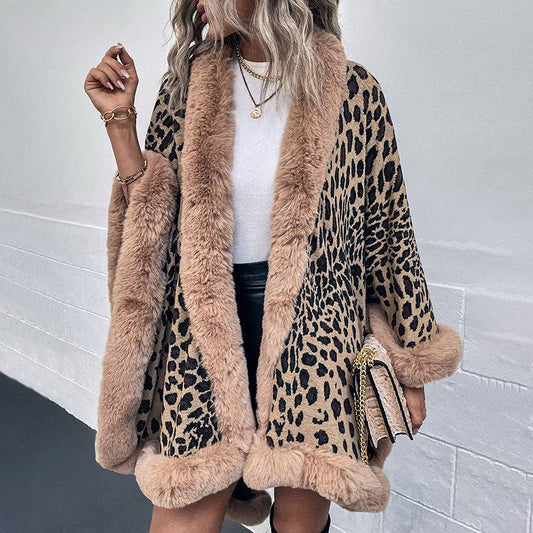 Leopard Print Fur Collar Cape Cardigan: Elegant and Luxurious Winter Sweater    