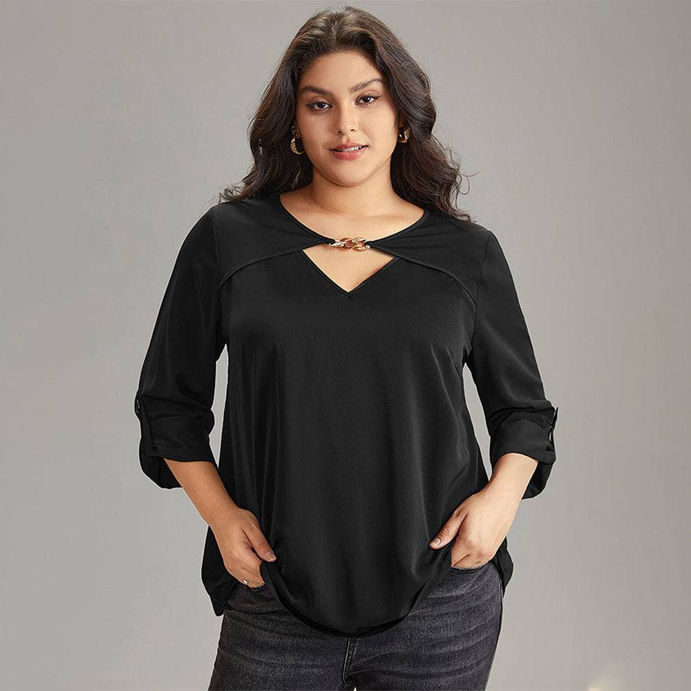 Elegant V-Neck Flared Sleeve Plus Size Office Top    