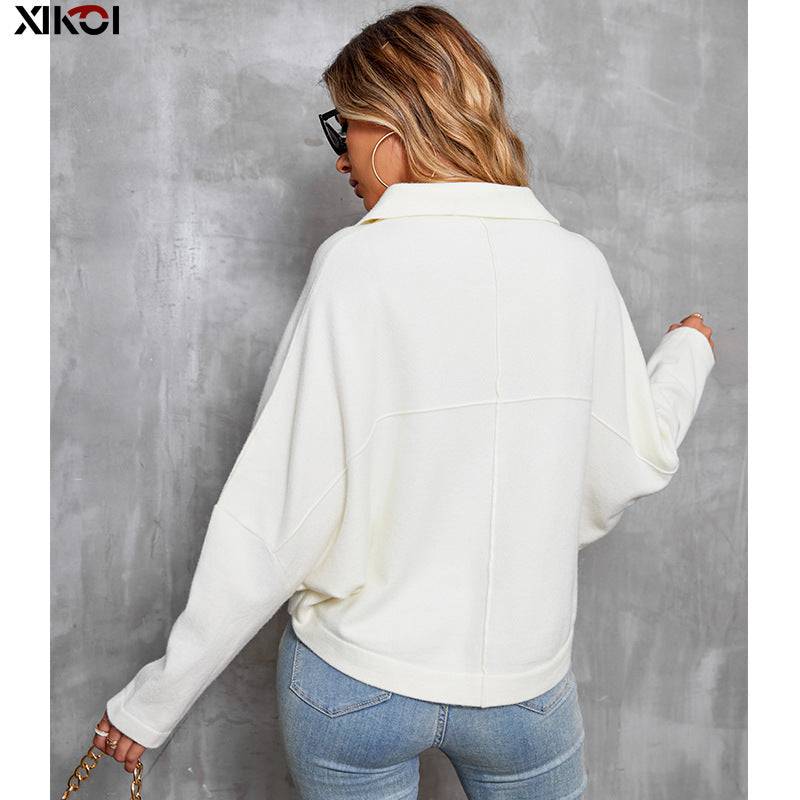 Fashionable Women's Polo Collar Batwing Sleeve Cardigan    